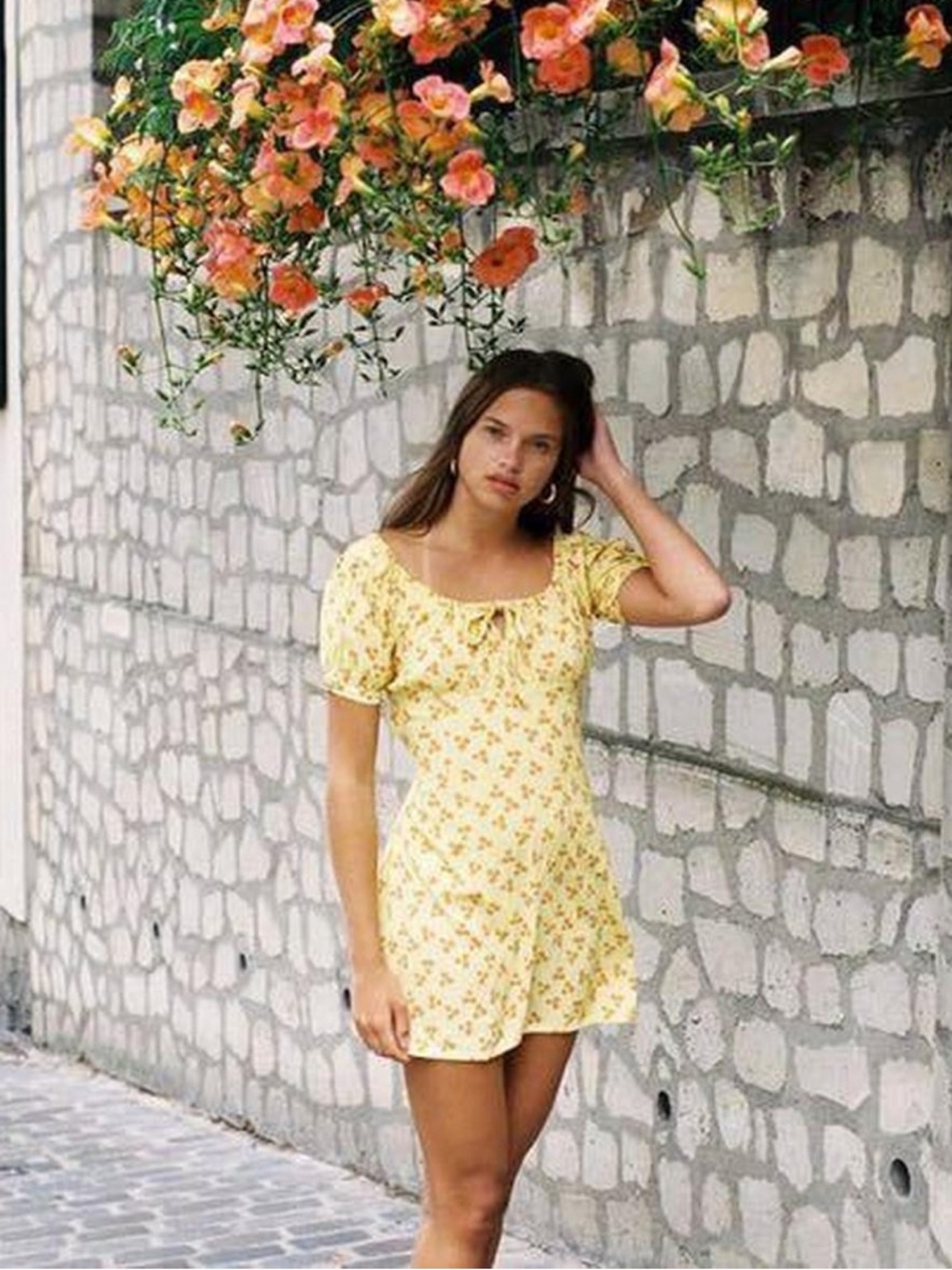 With Jean Loretta Dress in Les Oranges Mini Puff Sleeve Tie Back Printed